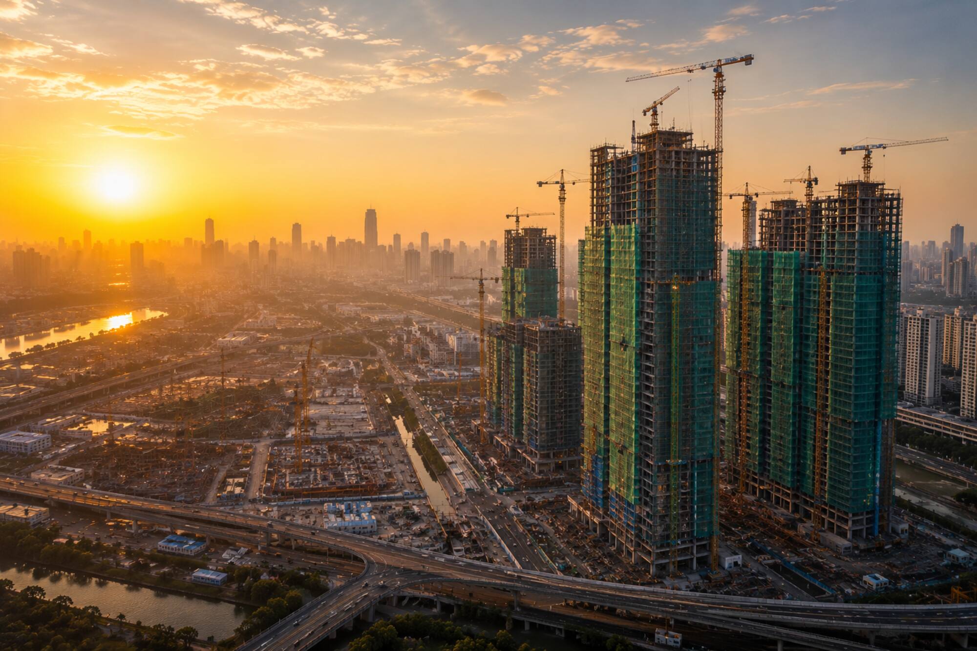 High-rise towers wrapped in safety netting across a city skyline at golden hour