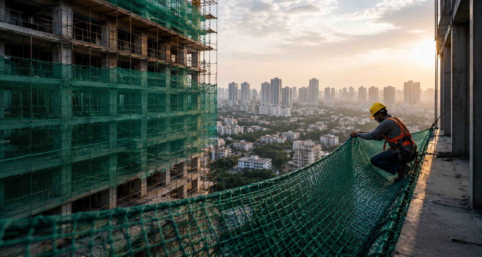 Worker in harness installing safety netting at height