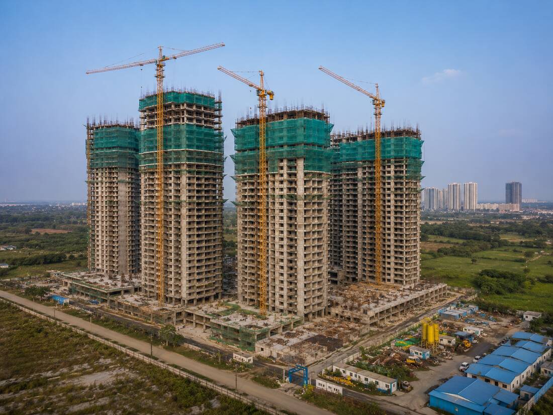 Single high-rise tower with green safety netting near the crown