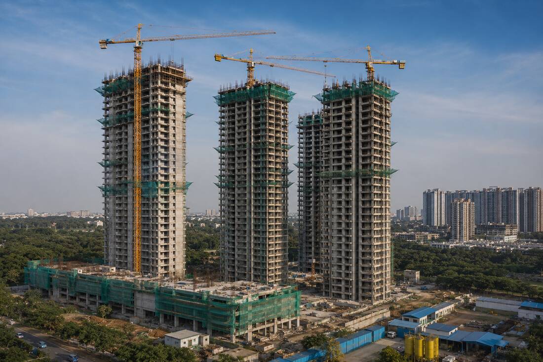 Cluster of four towers under construction with green netting